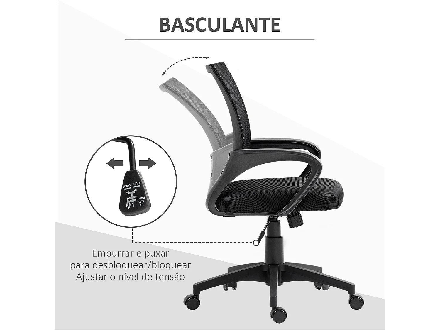 Silla de oficina Waco Homcom basculante con reposabrazos + ruedas negro 89-109x57x55 cm