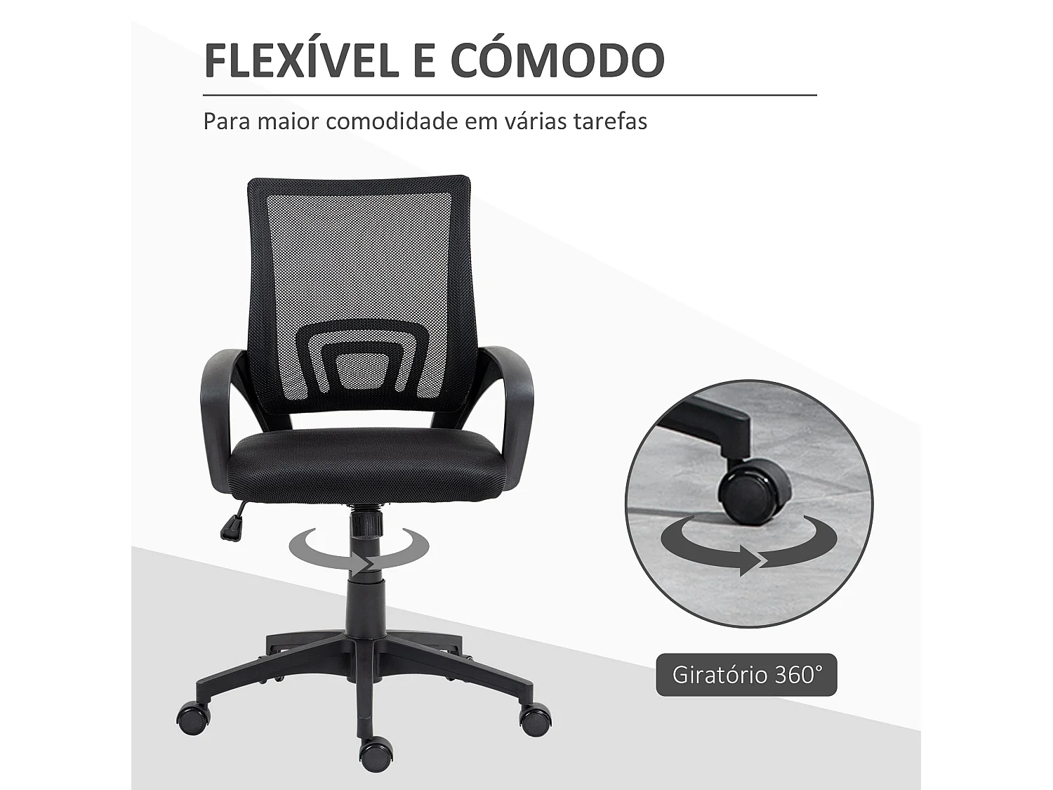Silla de oficina Waco Homcom basculante con reposabrazos + ruedas negro 89-109x57x55 cm