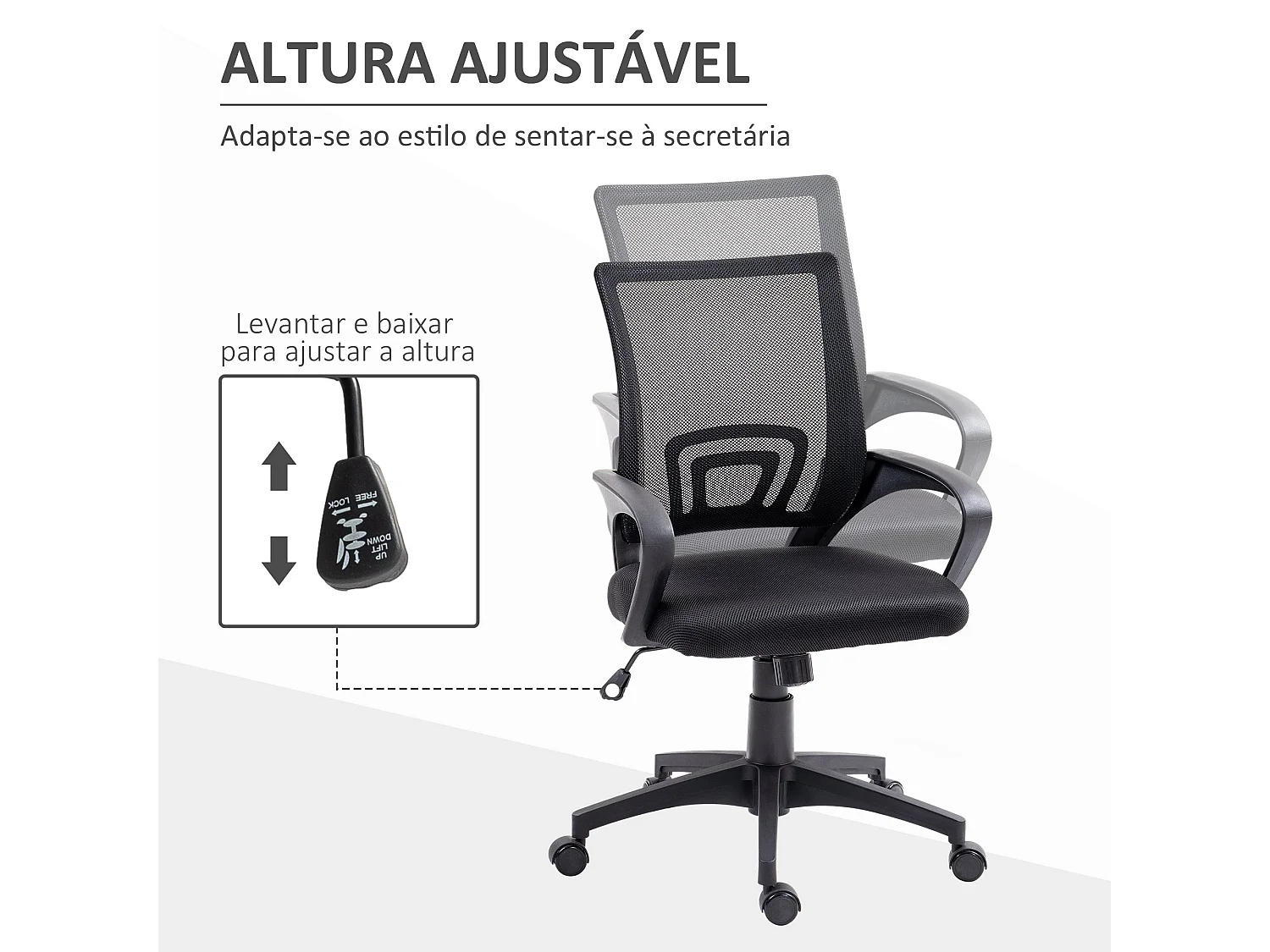 Silla de oficina Waco Homcom basculante con reposabrazos + ruedas negro 89-109x57x55 cm