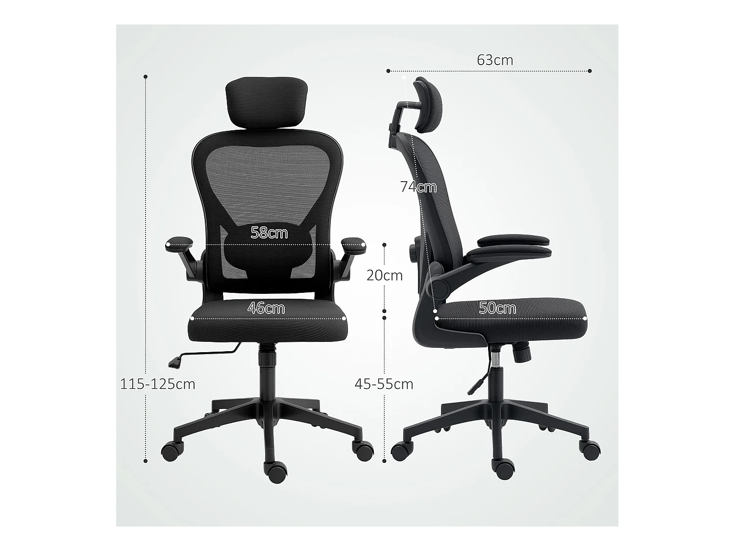 Silla de oficina Maya Homcom transpirable + reposacabezas negro 115-125x58x63 cm