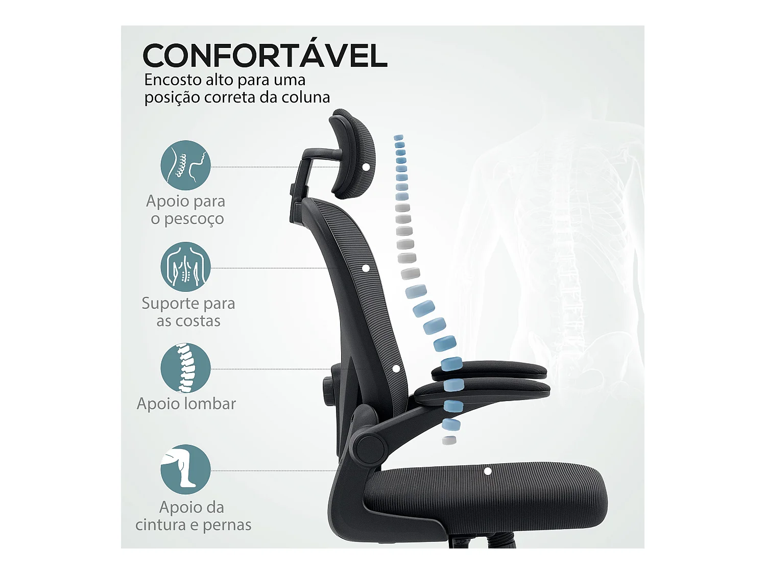 Silla de oficina Maya Homcom transpirable + reposacabezas negro 115-125x58x63 cm