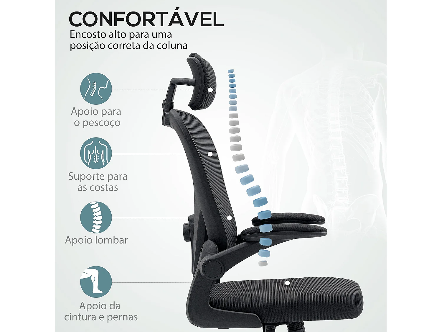 Cadeira de Escritório Giratória com Apoio Ajustável e Design Moderno em Preto