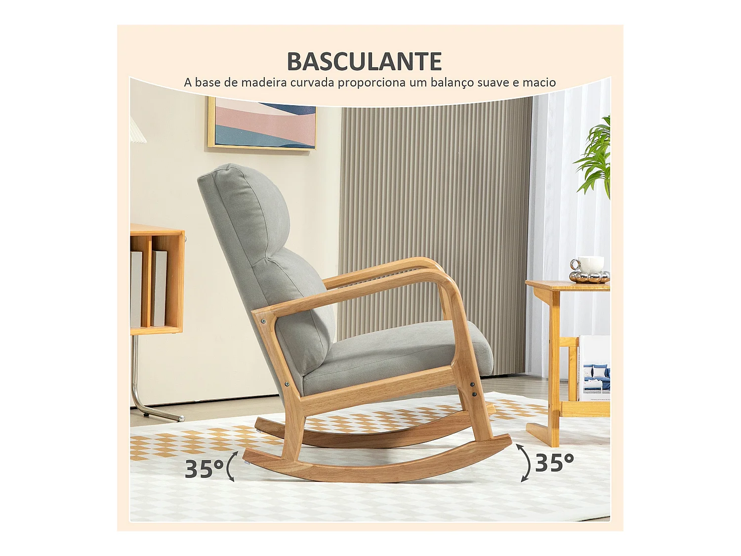 Mecedora Tánger Homcom respaldo acolchado + reposabrazos gris/natural 94,5x65x87 cm