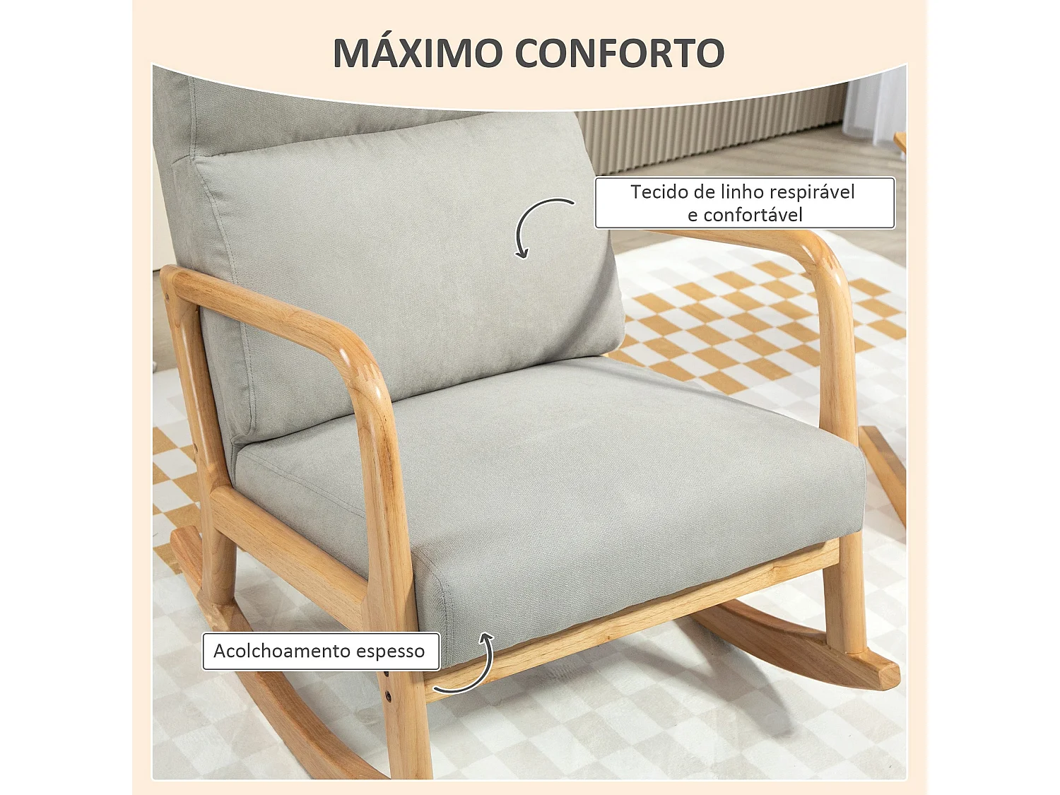 Mecedora Tánger Homcom respaldo acolchado + reposabrazos gris/natural 94,5x65x87 cm