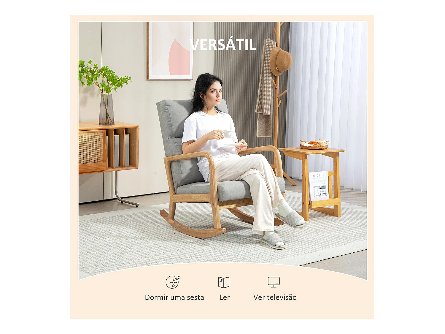 Mecedora Tánger Homcom respaldo acolchado + reposabrazos gris/natural 94,5x65x87 cm