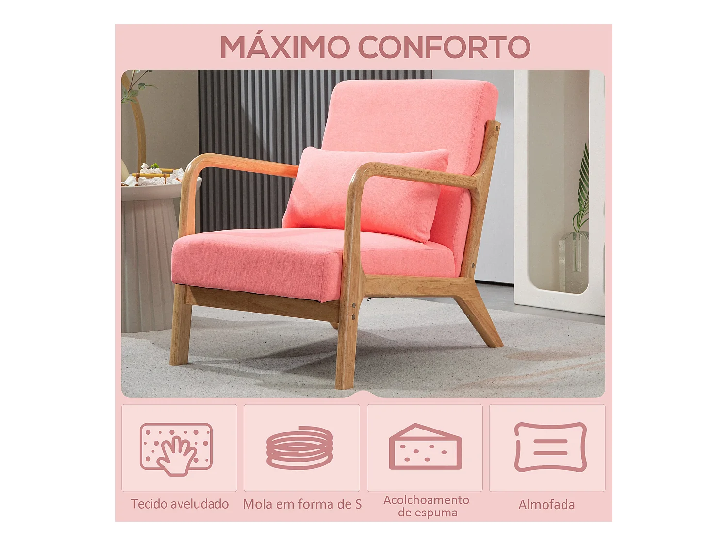 Butaca Nordic Homcom con reposabrazos + cojín rosa 76x61x78 cm