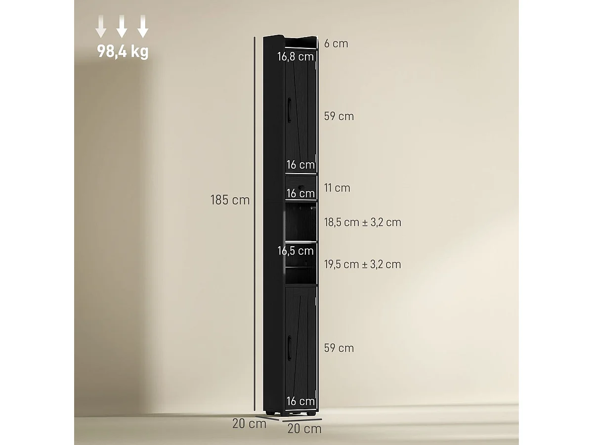 Columna de baño Over Homcom 2 puertas con portarrollos negro 185x20x20 cm