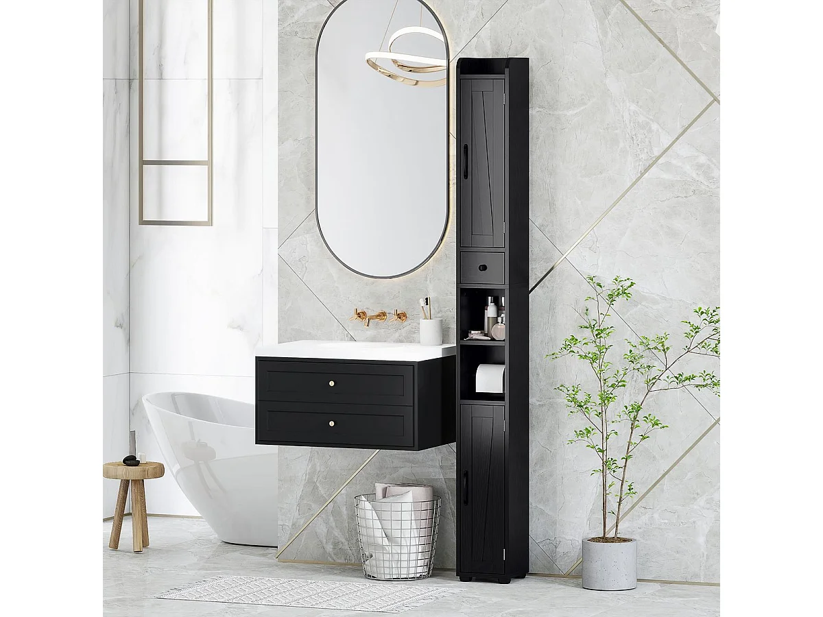 Columna de baño Over Homcom 2 puertas con portarrollos negro 185x20x20 cm