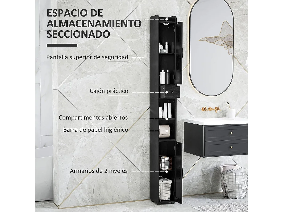 Columna de baño Over Homcom 2 puertas con portarrollos negro 185x20x20 cm