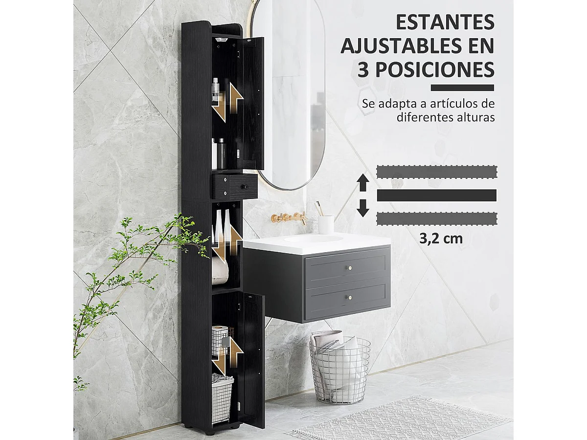Columna de baño Over Homcom 2 puertas con portarrollos negro 185x20x20 cm