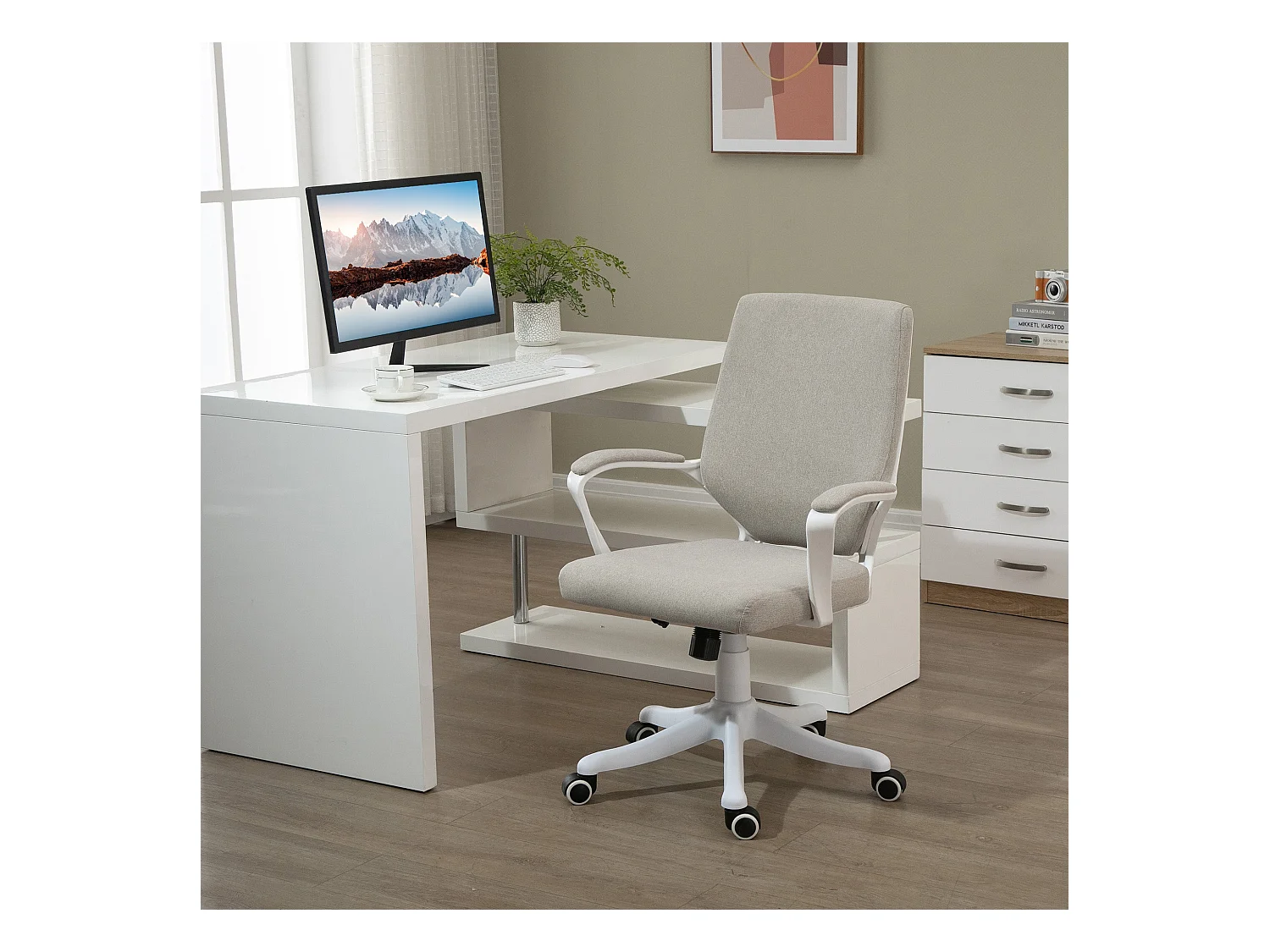 Silla de oficina Lary Vinsetto basculante con reposabrazos beige 92-100x64x52 cm