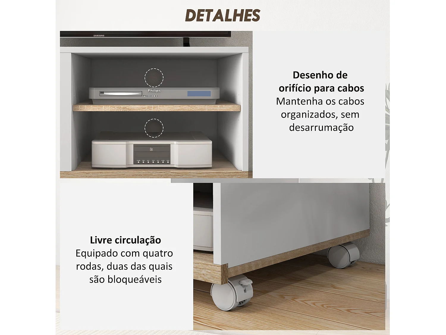 Mesa de TV Moderna para Sala de Estar com 4 Rodas e Armazenamento Prático para TVs de 42 Polegadas