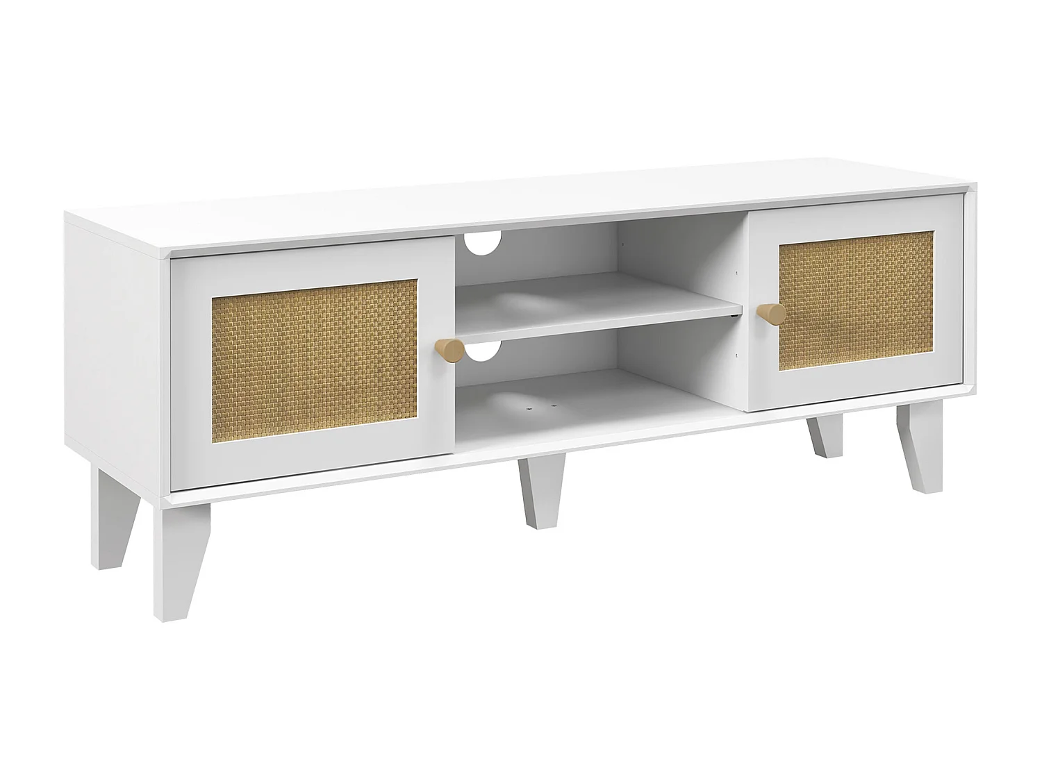 Móvel de TV Branco para Sala de Estar com Estilo Boho e Prateleira Ajustável para TVs de até 55 Polegadas