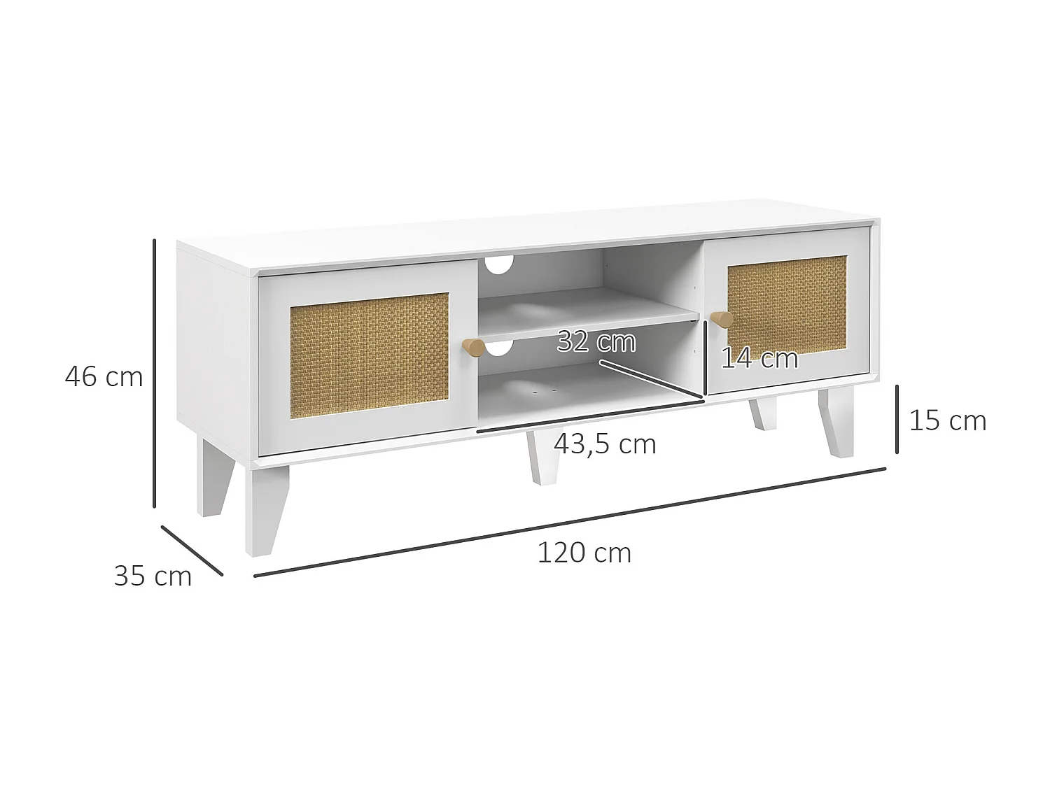 Móvel de TV Branco para Sala de Estar com Estilo Boho e Prateleira Ajustável para TVs de até 55 Polegadas