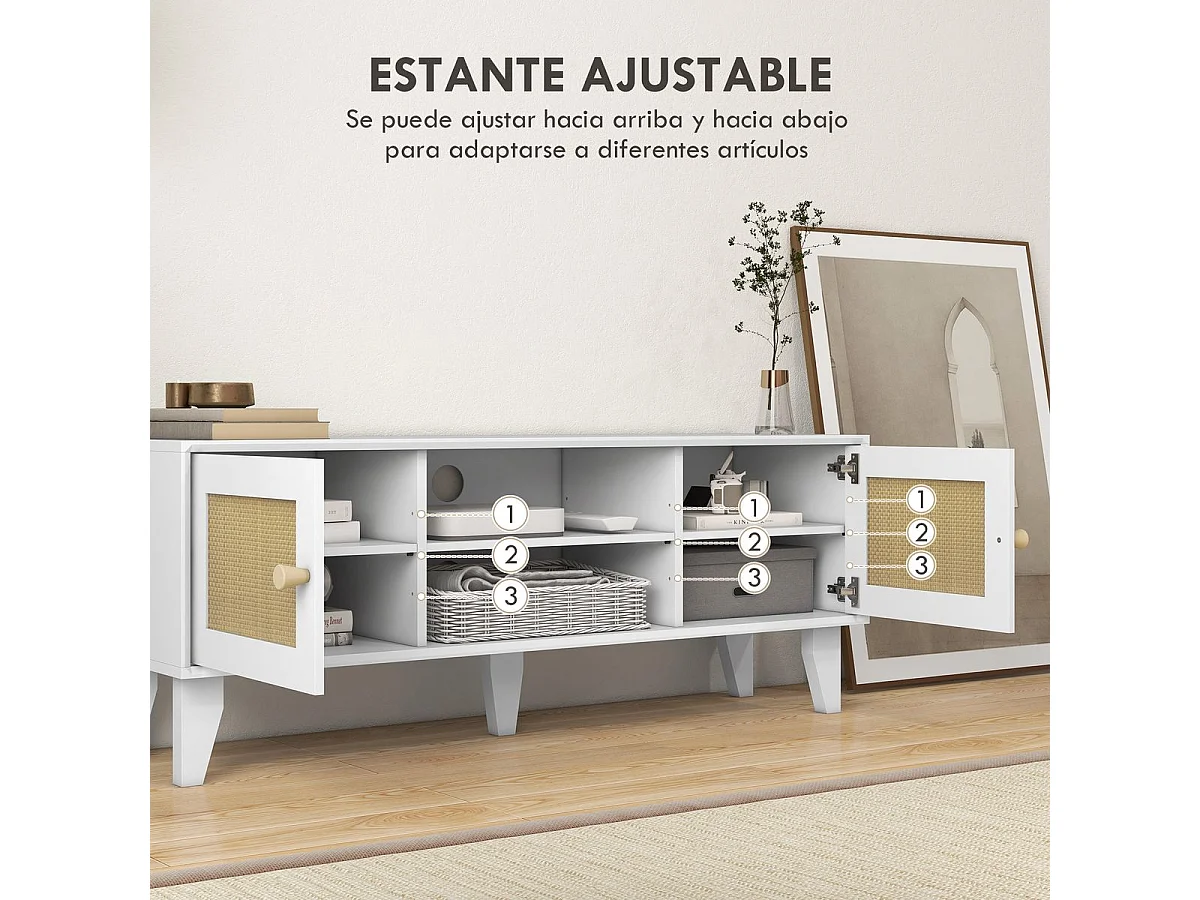 Móvel de TV Branco para Sala de Estar com Estilo Boho e Prateleira Ajustável para TVs de até 55 Polegadas