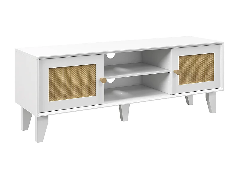 Móvel de TV Branco para Sala de Estar com Estilo Boho e Prateleira Ajustável para TVs de até 55 Polegadas