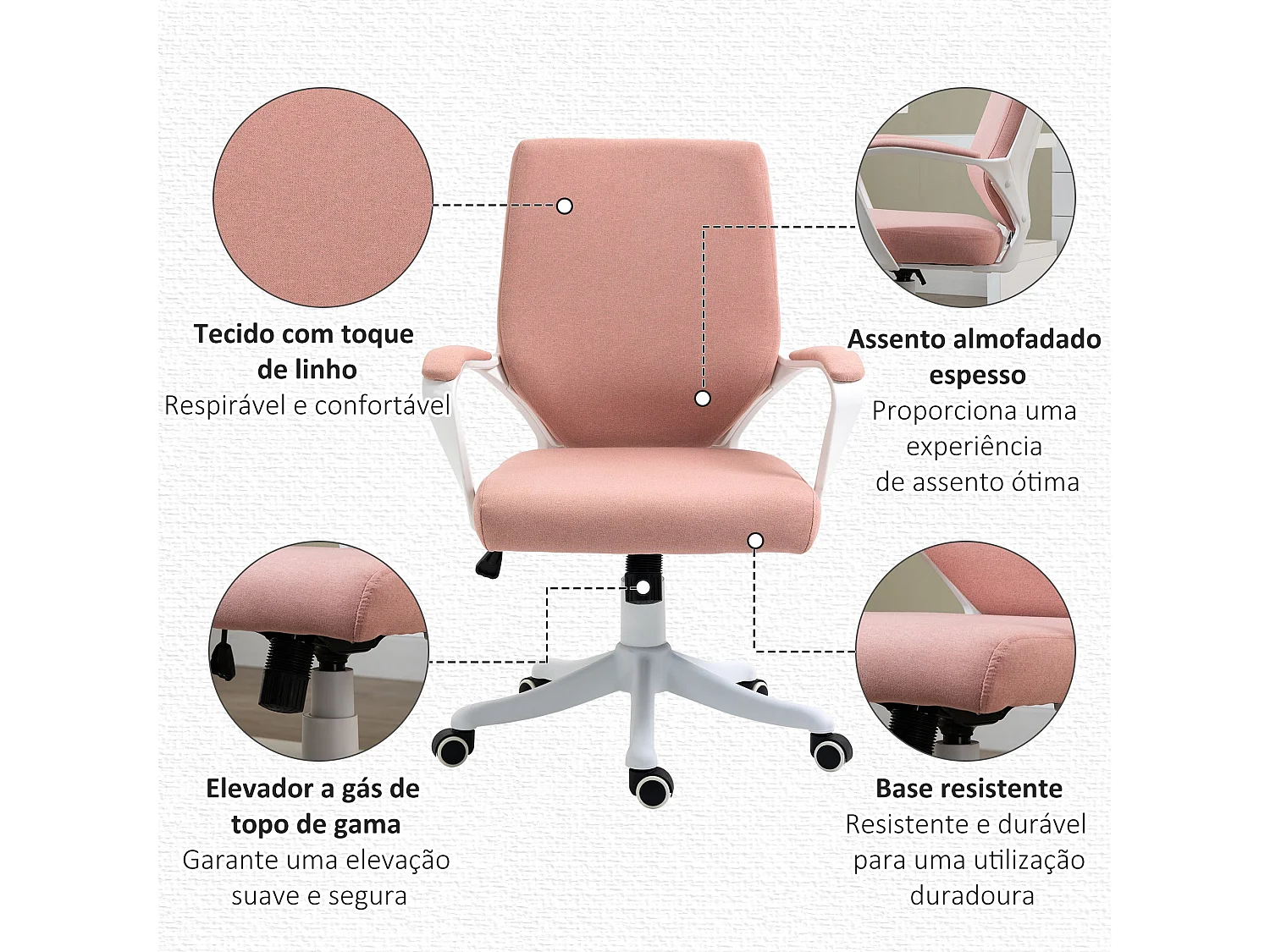 Cadeira de Escritório Ergonómica Vinsetto Giratória Rosa com Apoio Lombar e Altura Ajustável