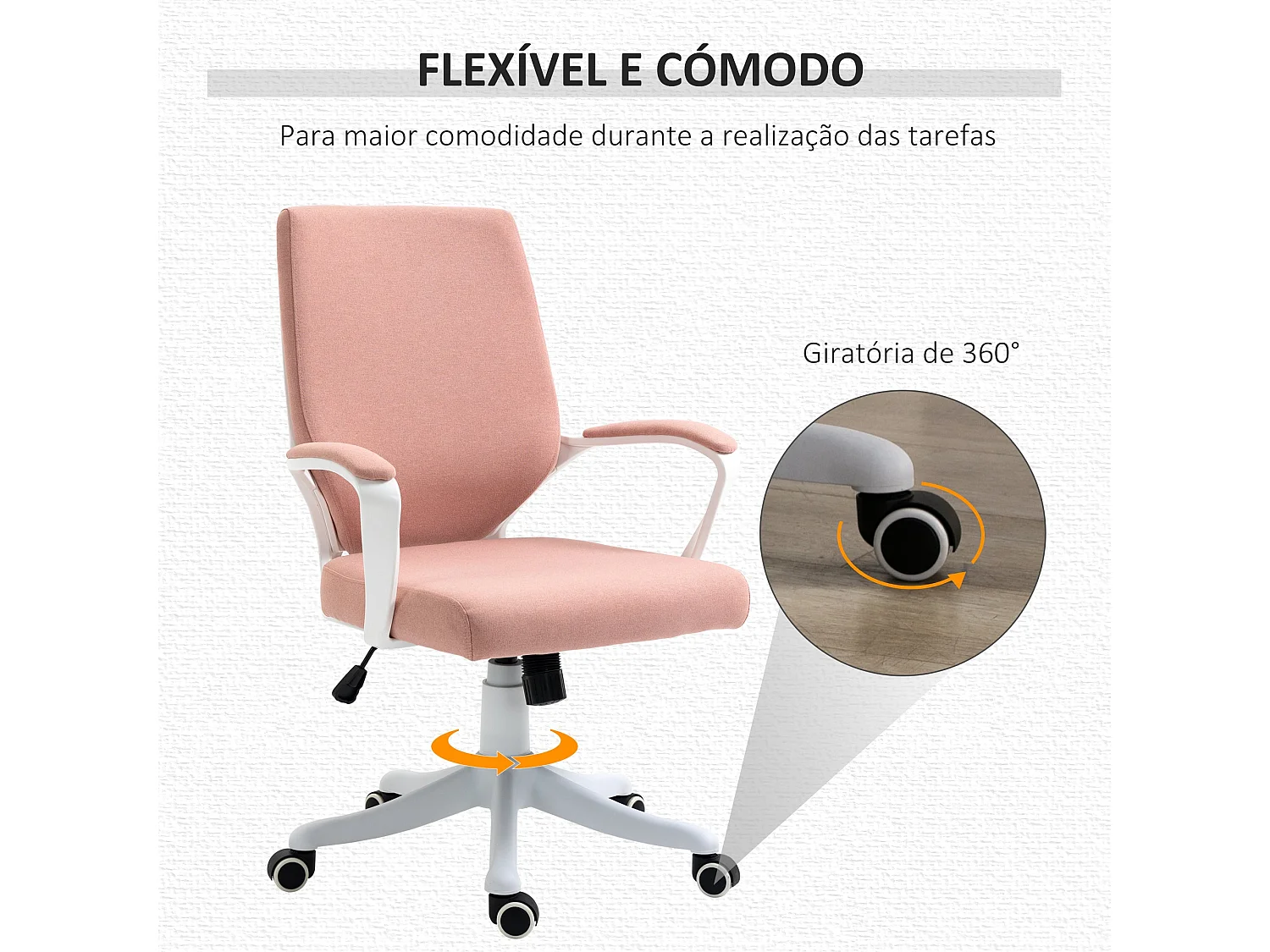 Cadeira de Escritório Ergonómica Vinsetto Giratória Rosa com Apoio Lombar e Altura Ajustável