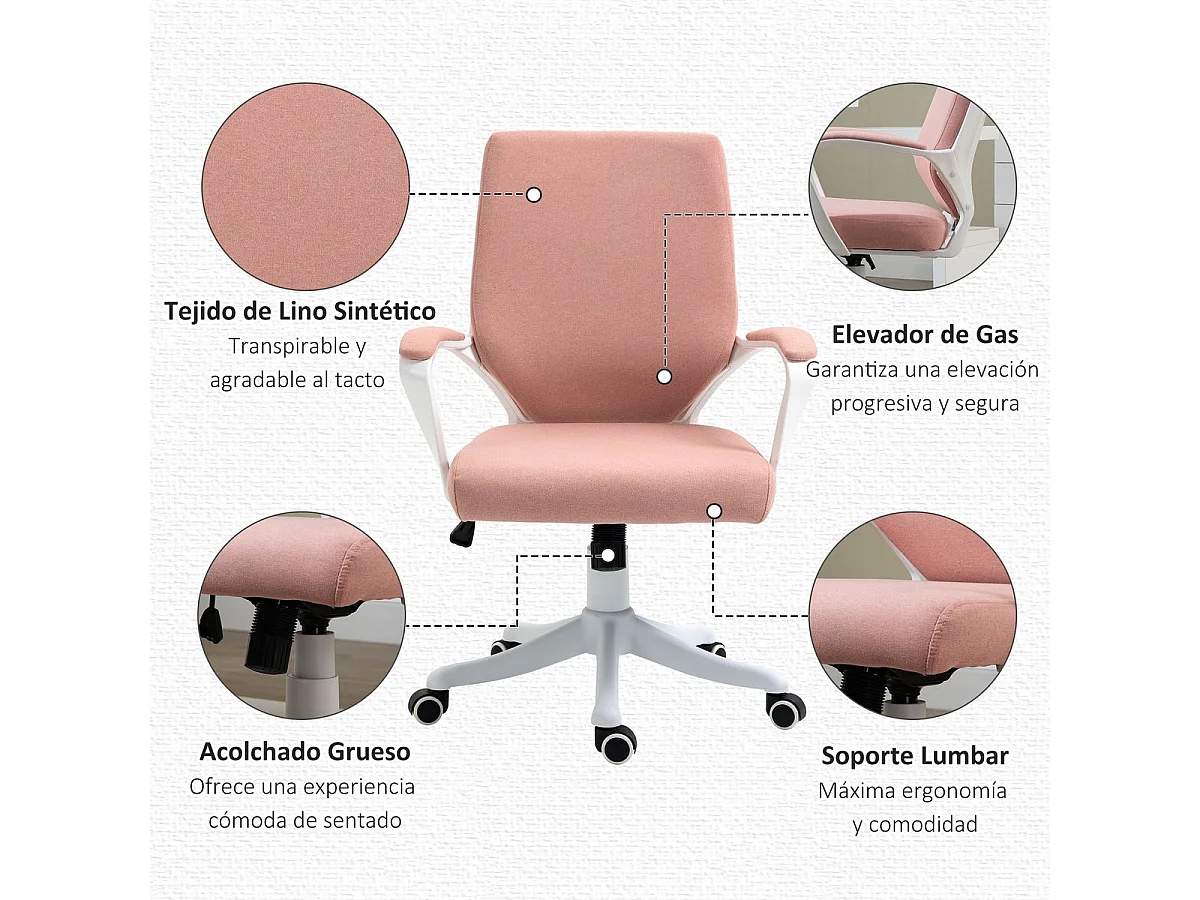 Cadeira de Escritório Ergonómica Vinsetto Giratória Rosa com Apoio Lombar e Altura Ajustável