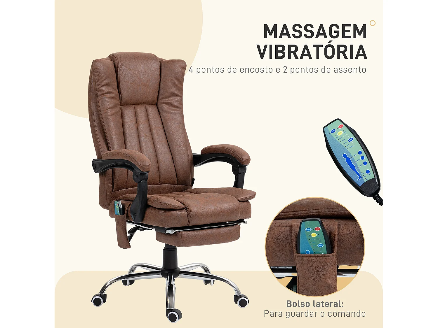 Silla de oficina Helecho Vinsetto 6 puntos de masaje + reposapiés + mando marrón 113-120x62x70 cm