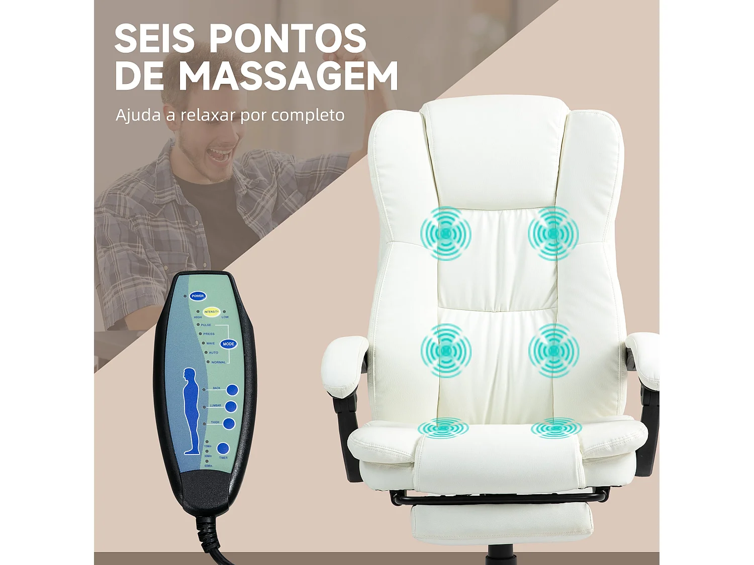 Cadeira de Escritório Vinsetto com Massagem e Apoio para os Pés Retrátil em Creme