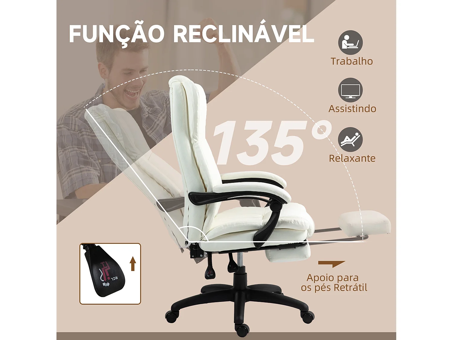 Cadeira de Escritório Vinsetto com Massagem e Apoio para os Pés Retrátil em Creme