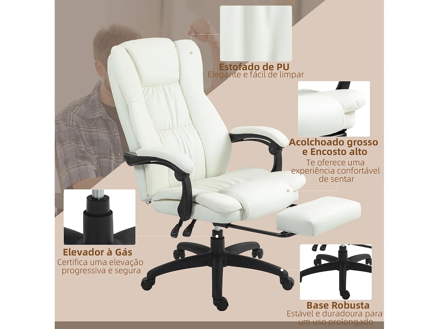 Cadeira de Escritório Vinsetto com Massagem e Apoio para os Pés Retrátil em Creme