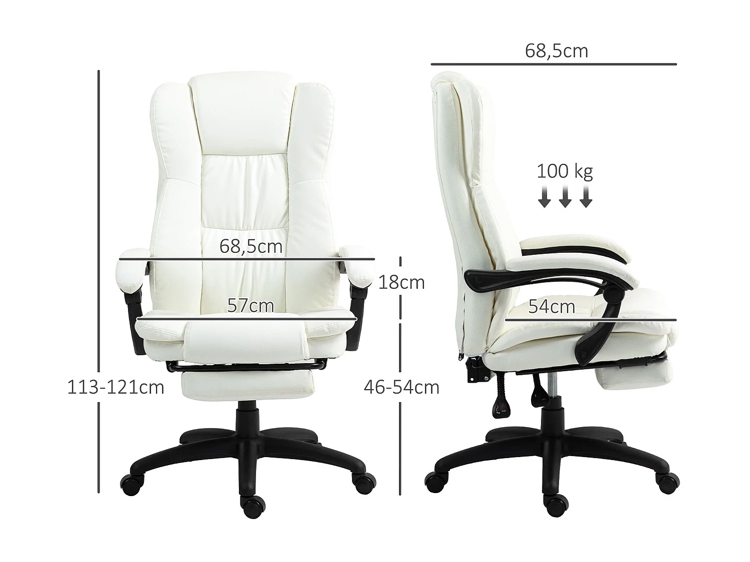 Silla de oficina Winter reclinable 6 puntos de masaje + reposapiés retráctil blanco 113-121x68,5x68,5 cm