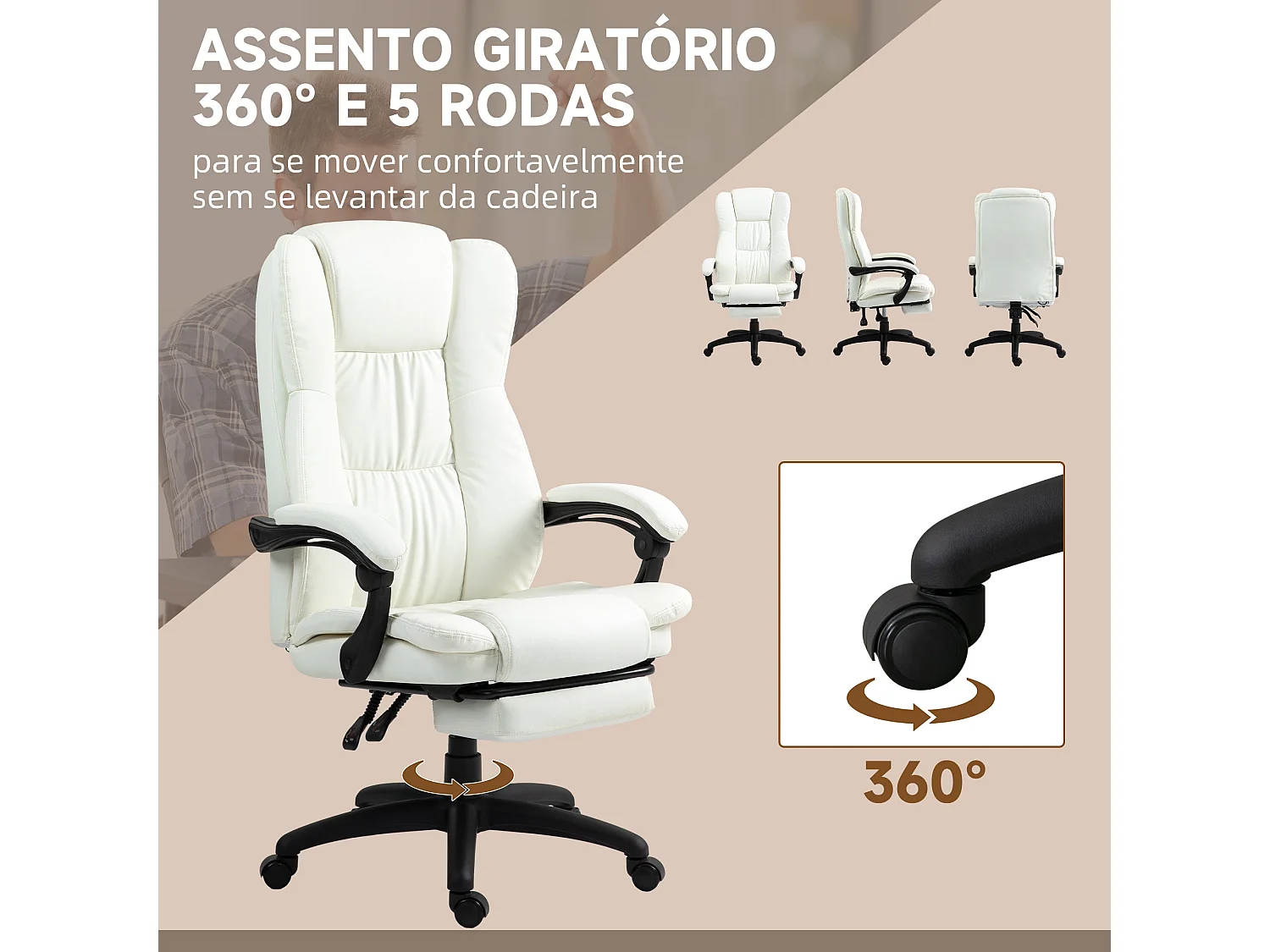 Silla de oficina Winter reclinable 6 puntos de masaje + reposapiés retráctil blanco 113-121x68,5x68,5 cm