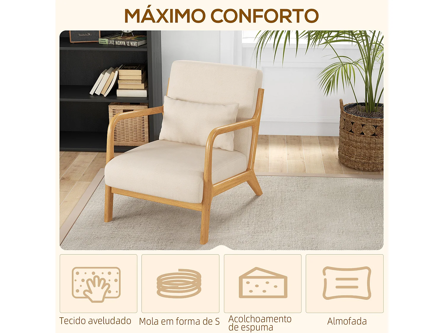 Sillón Batuta Homcom acolchado con reposabrazos beige 76x61x78 cm