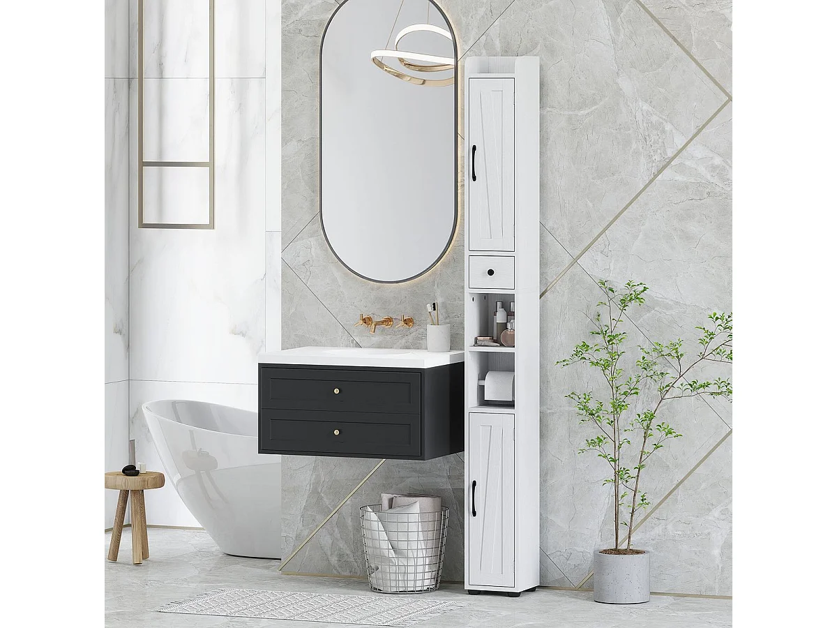 Columna de baño Over Homcom 2 puertas con portarrollos blanco 185x20x20 cm