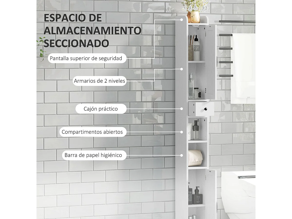Columna de baño Over Homcom 2 puertas con portarrollos blanco 185x20x20 cm