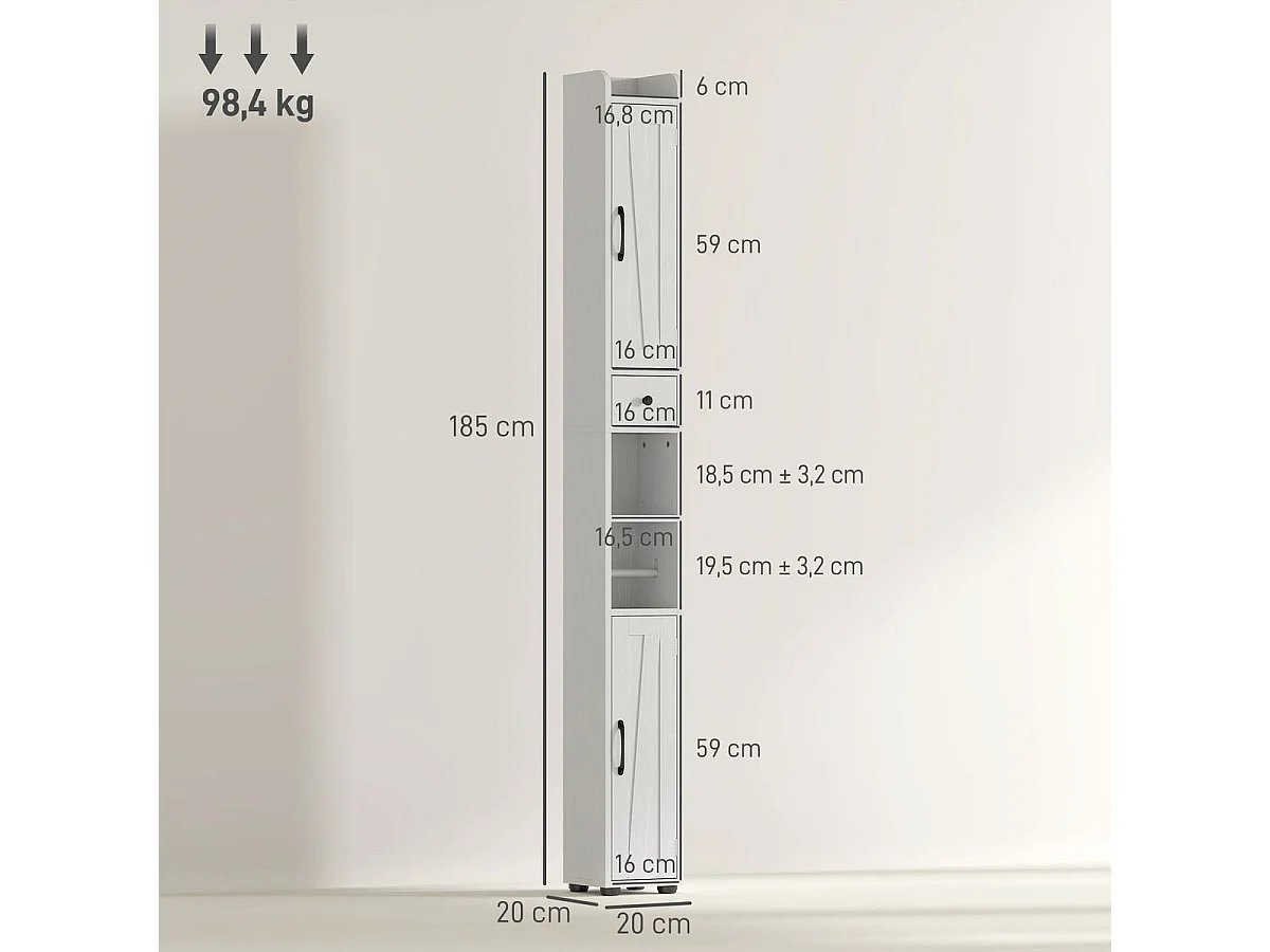 Columna de baño Over Homcom 2 puertas con portarrollos blanco 185x20x20 cm