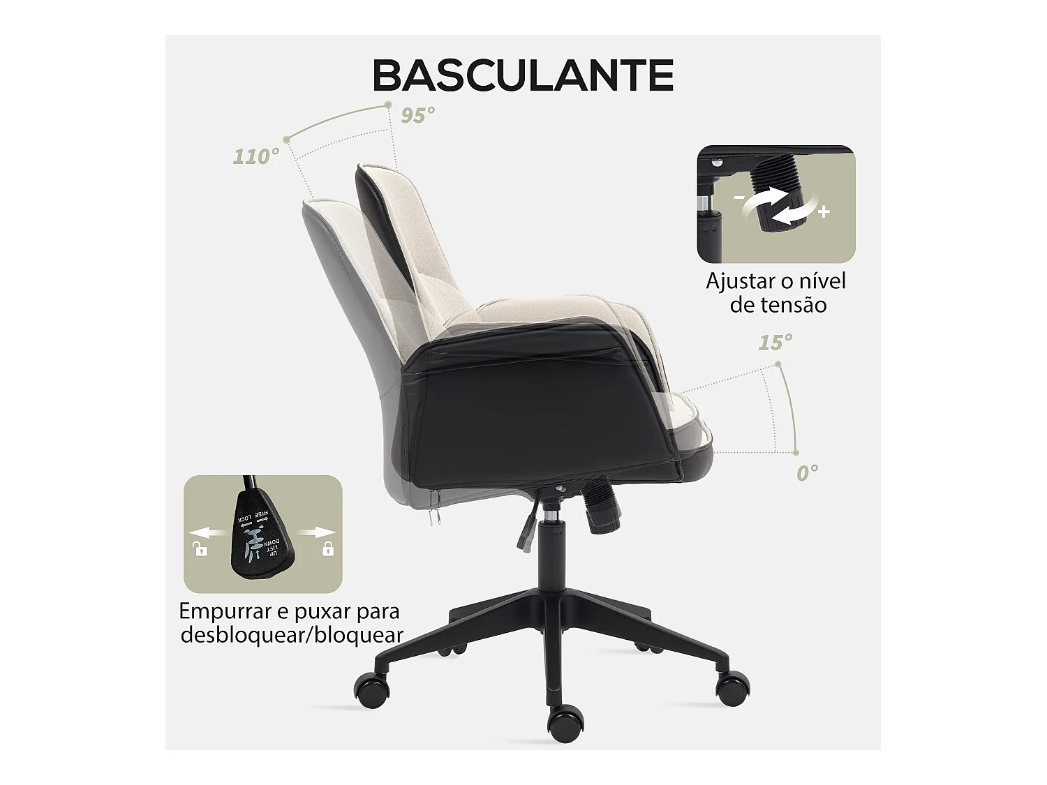 Silla de oficina Jaca Homcom altura ajustable negro/crema 93-103x66x65 cm