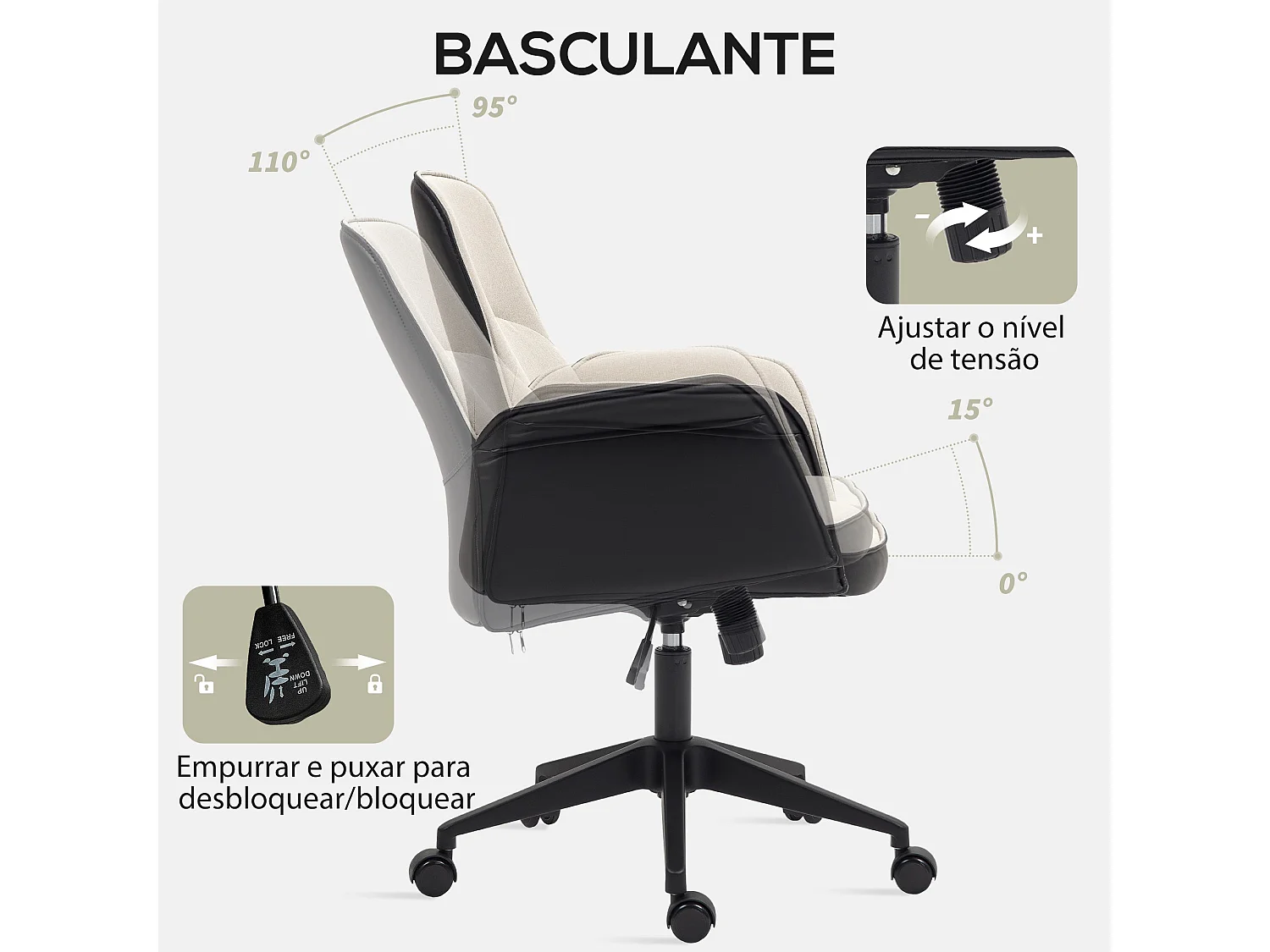 Cadeira de Escritório Giratória Ajustável Reykjavik em Bege e Preto para Conforto e Estilo