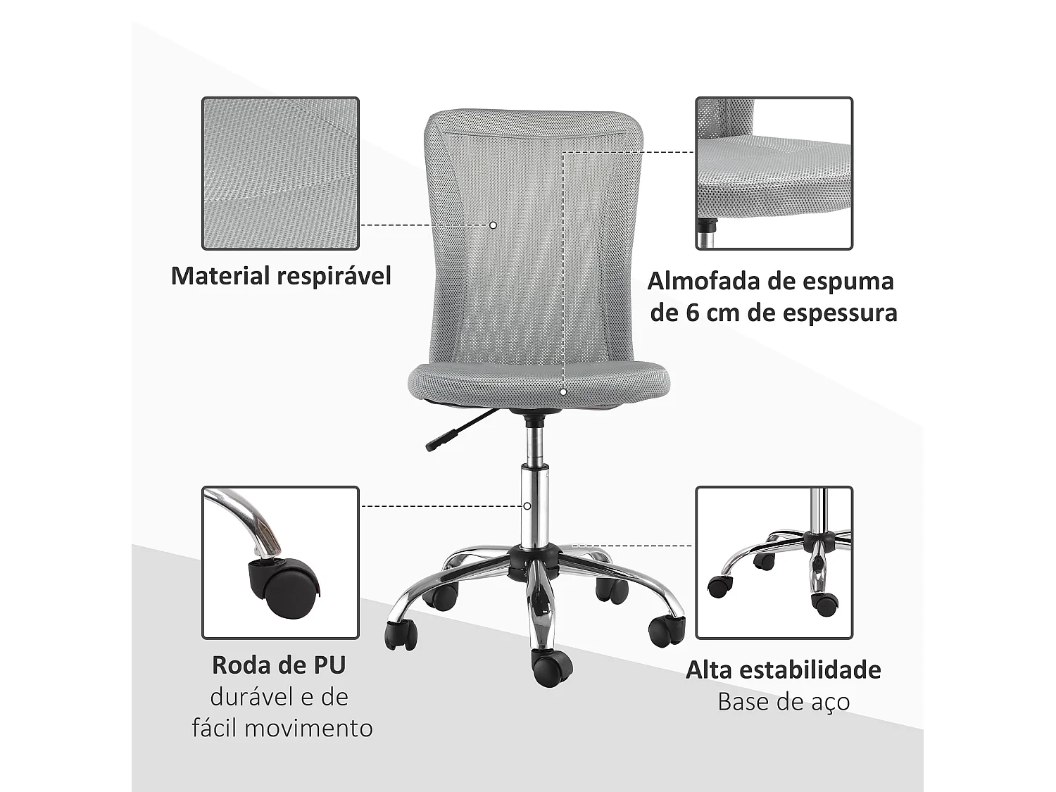 Cadeira de Escritório Giratória Compacta com Altura Ajustável e Design Moderno em Cinza
