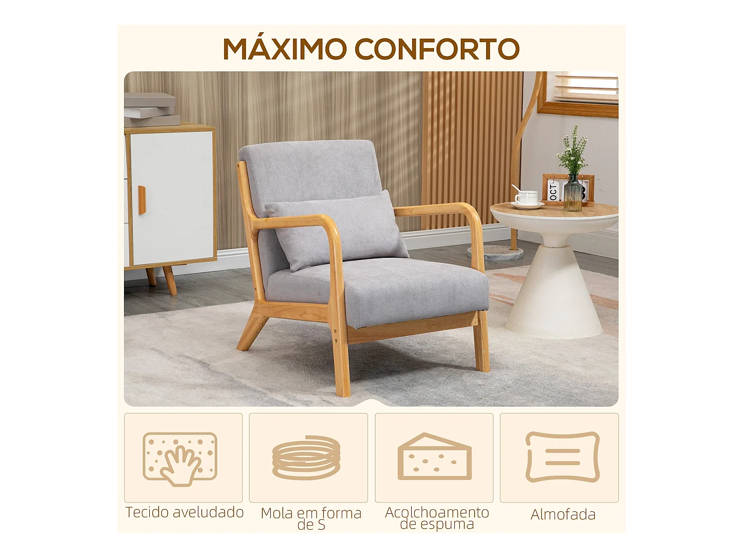 Butaca Nordic Homcom con reposabrazos + cojín gris 76x61x78 cm