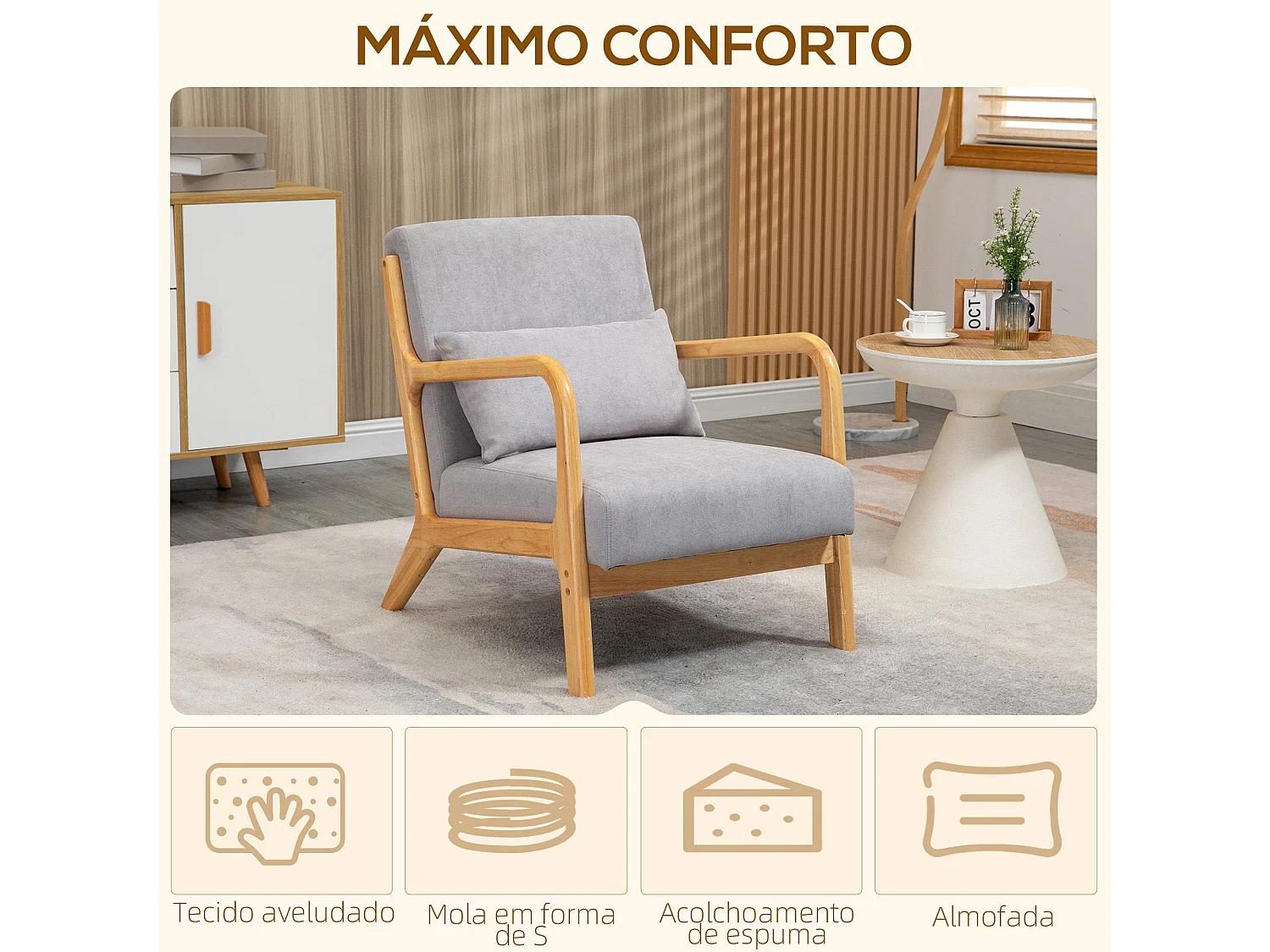 Poltrona Nórdica Acolchoada Cinza com Estrutura de Madeira para Sala de Estar ou Dormitório