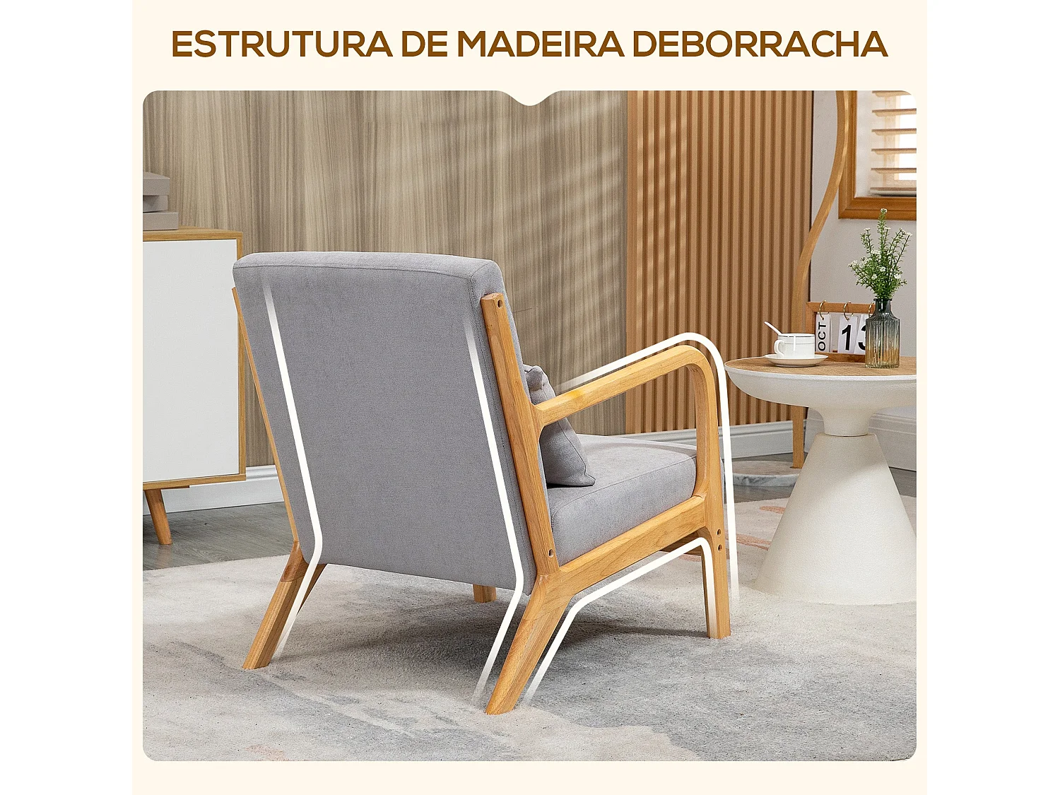 Poltrona Nórdica Acolchoada Cinza com Estrutura de Madeira para Sala de Estar ou Dormitório