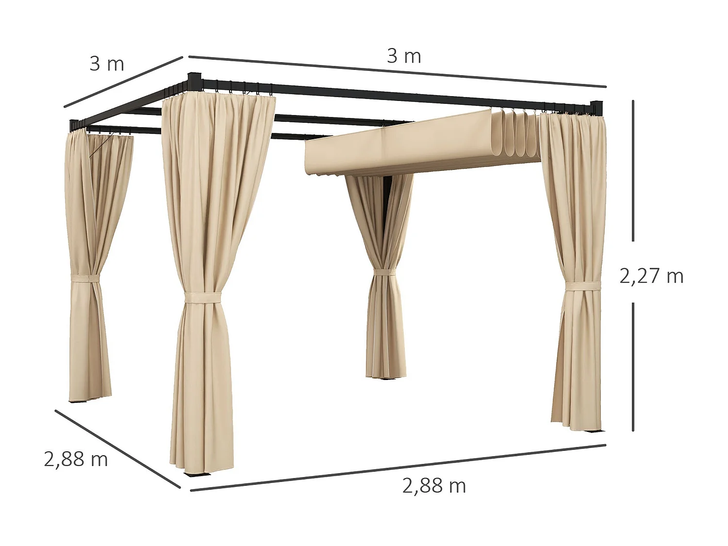 Pérgola Outsunny techo retráctil con toldos laterales beige 227x300x300 cm