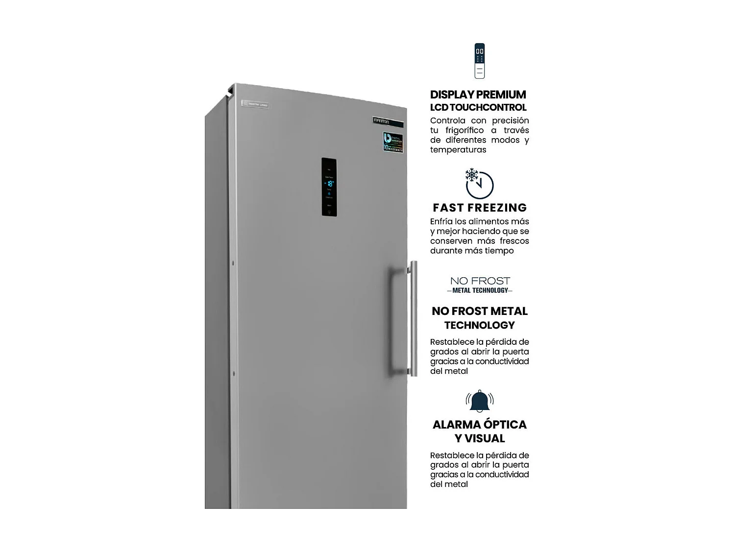 Congelador vertical Infiniton CV-1HE85 No Frost Metal Technology 274L E inox 185,5 cm