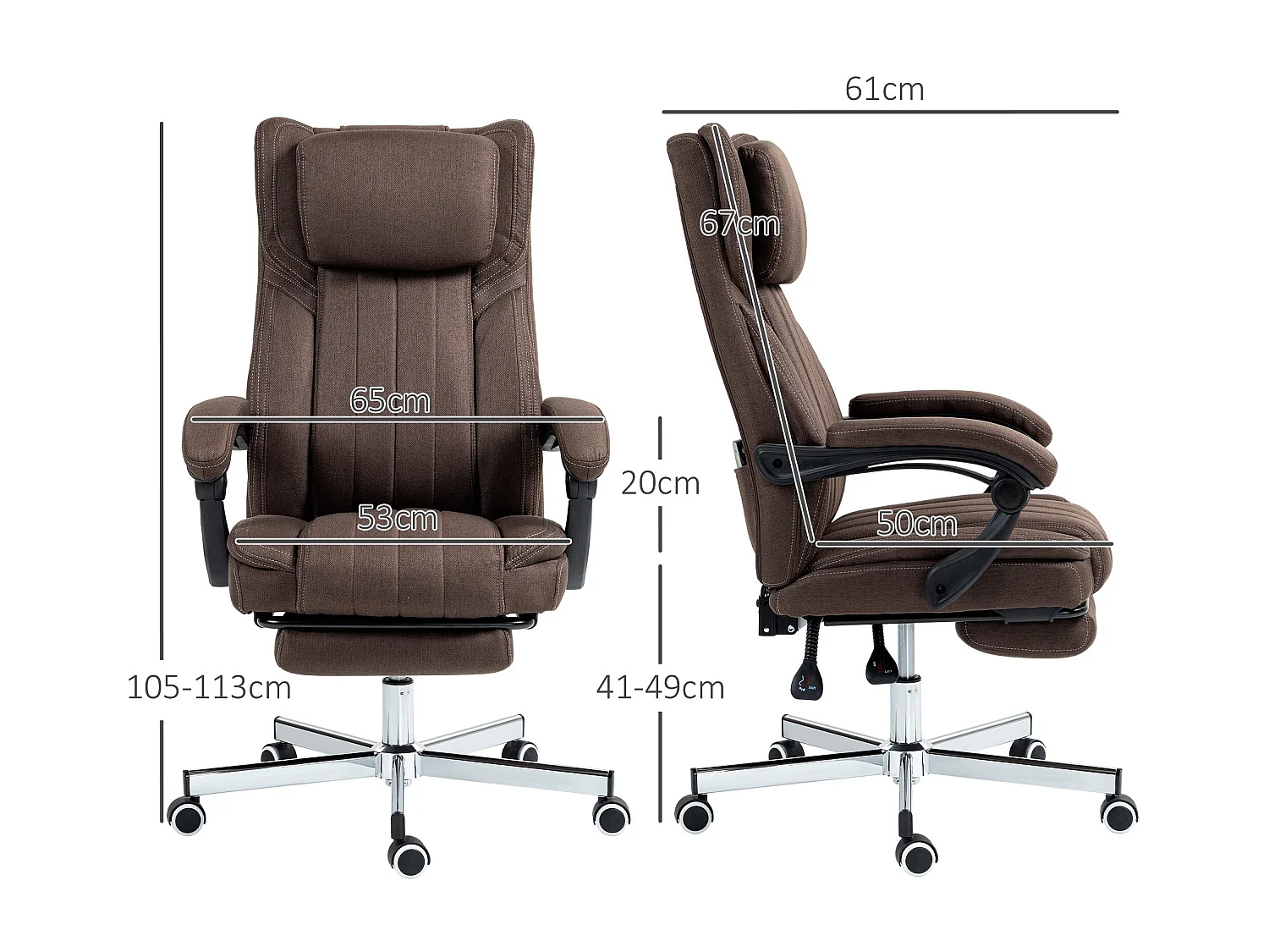 Silla de oficina Soft reclinable + 6 puntos de masaje + reposapiés retráctil marrón oscuro 105-113x65x61 cm