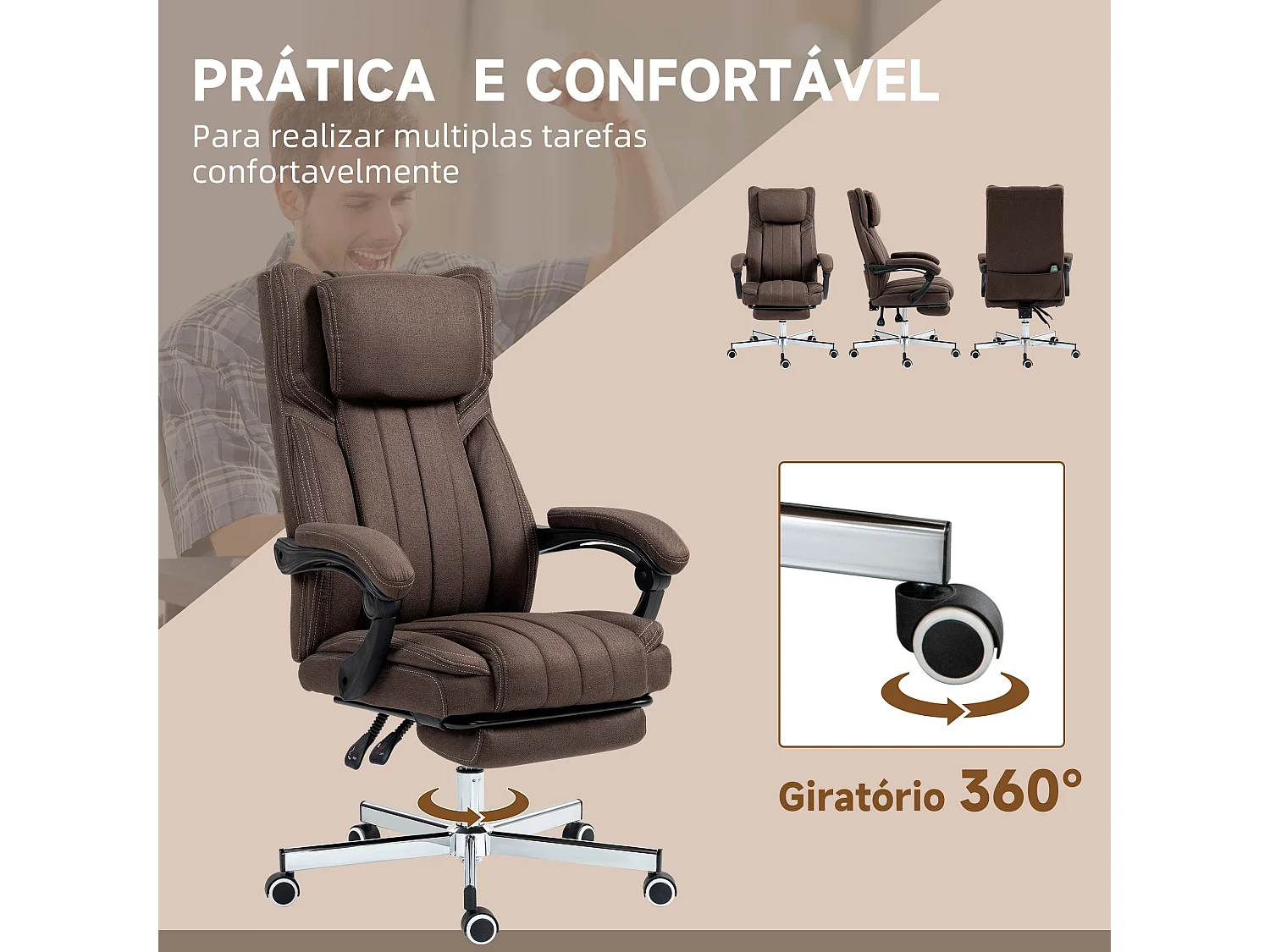 Silla de oficina Soft reclinable + 6 puntos de masaje + reposapiés retráctil marrón oscuro 105-113x65x61 cm