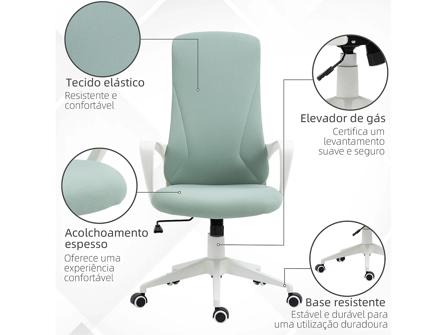 Cadeira de Escritório Ergonómica Vinsetto Verde com Apoio para os Braços e Altura Ajustável