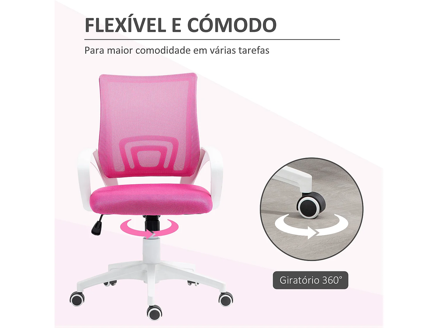 Cadeira de Escritório Giratória Rosa com Altura Ajustável e Apoios para Braços - Modelo Bordeaux