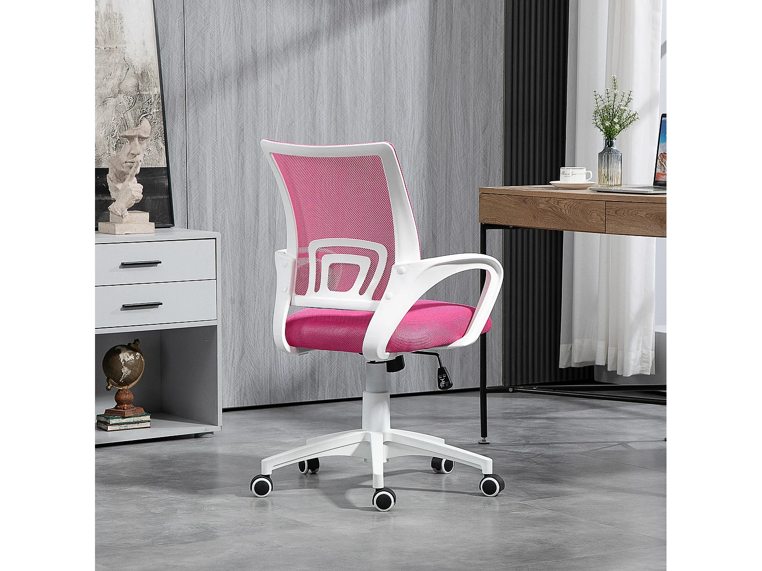 Silla de oficina Waco Homcom basculante con reposabrazos + ruedas rosa 89-109x57x55 cm