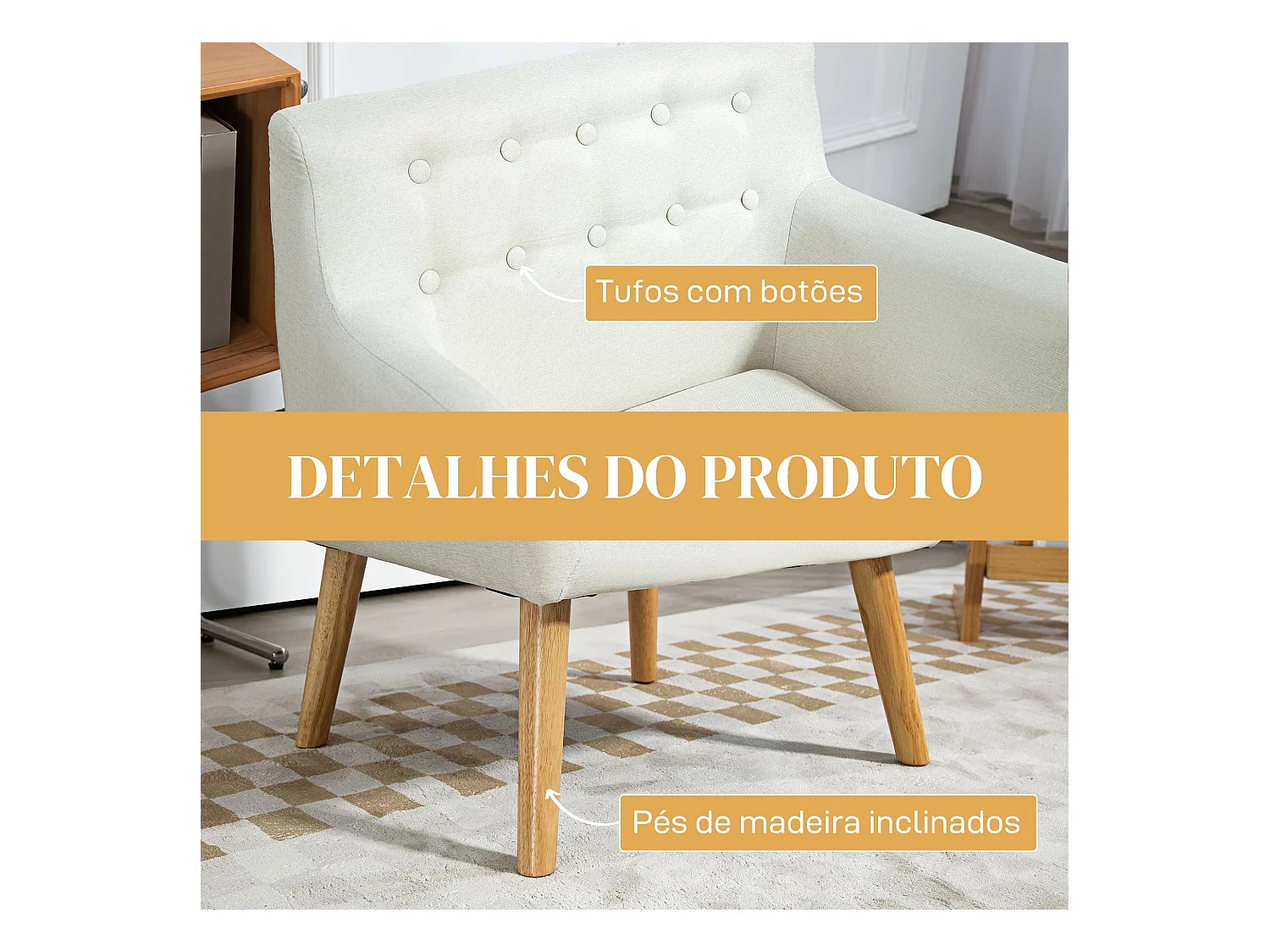 Poltrona Moderna de Estar e Dormitório com Braços e Pés de Madeira - Modelo Helsinki em Creme