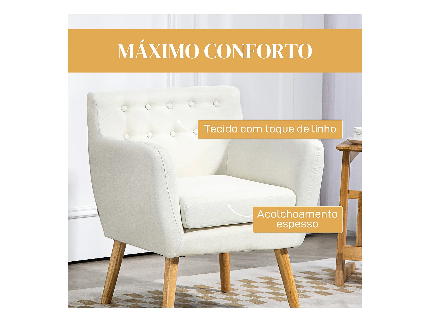 Poltrona Moderna de Estar e Dormitório com Braços e Pés de Madeira - Modelo Helsinki em Creme