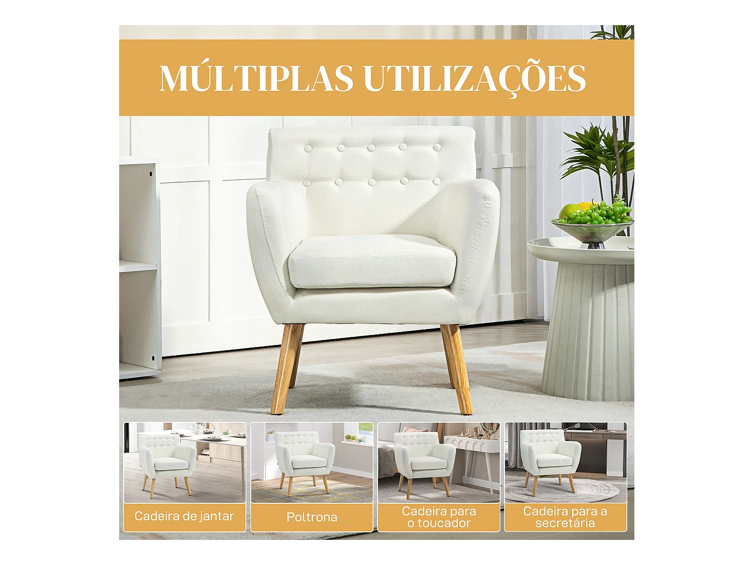 Poltrona Moderna de Estar e Dormitório com Braços e Pés de Madeira - Modelo Helsinki em Creme