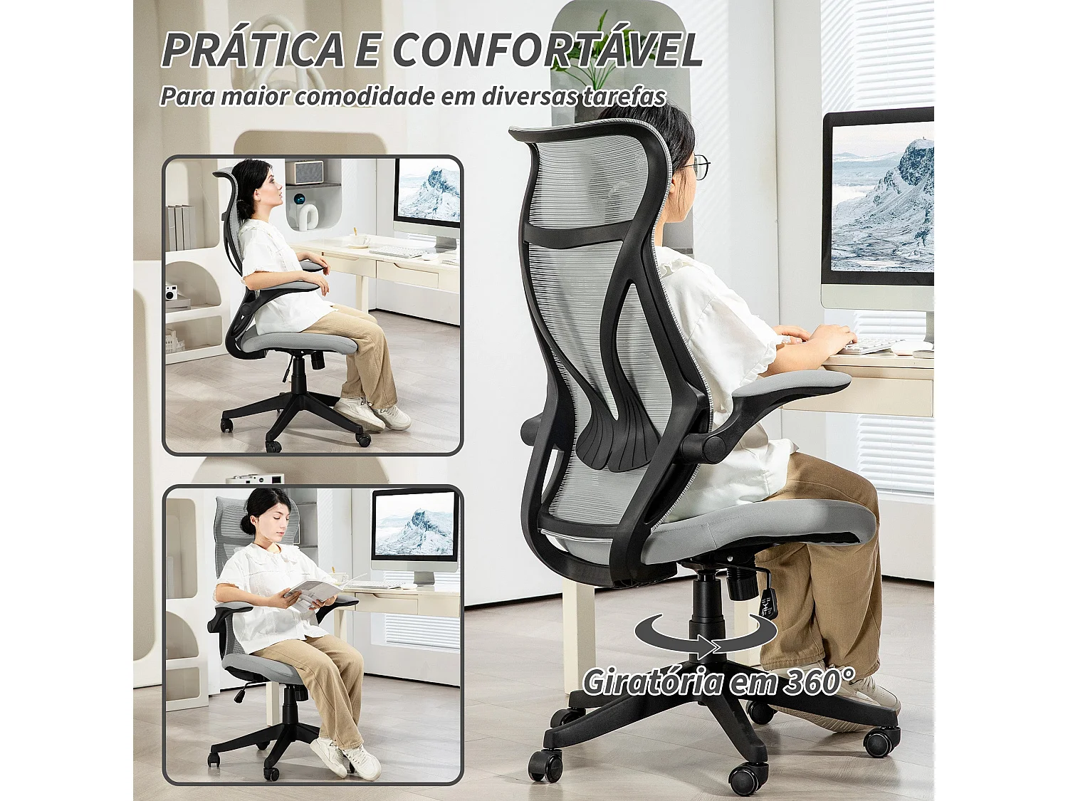 Silla de oficina Álex Homcom basculante altura regulable gris 113-121x66x66 cm